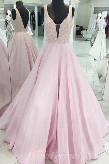 Princess Pink Satin Deep V Neck Prom Dress JTA9181