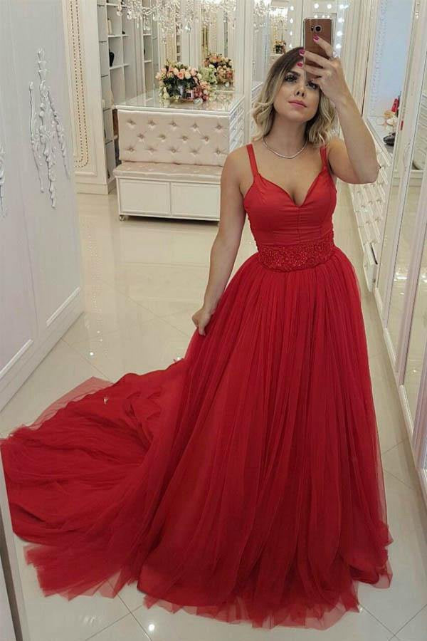Princess Red V Neck Tulle Prom Dress JTA9201