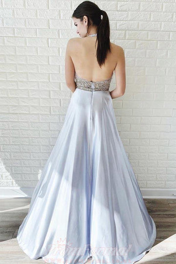 A Line Silver Satin V Neck Prom Dress With Beading JTA9221
