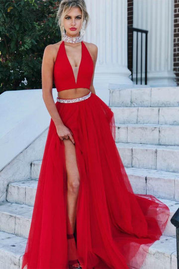 Two Piece Red Tulle Halter Prom Dress With Slit JTA9261