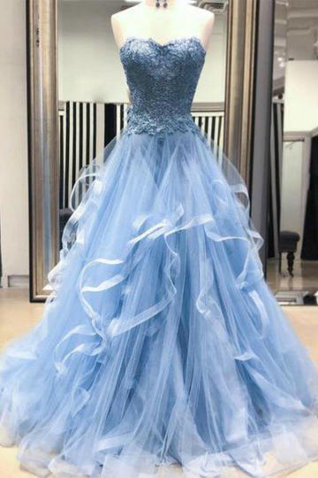 Blue Lace Appliques Sweetheart Layer Prom Formal Dress JTA9291