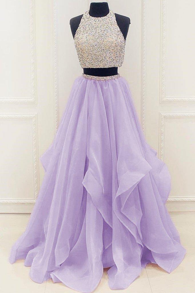 Princess Two Piece High Neck Lilac Prom Dress With Beading JTA9301