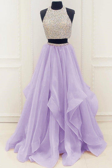 Princess Two Piece High Neck Lilac Prom Dress With Beading JTA9301