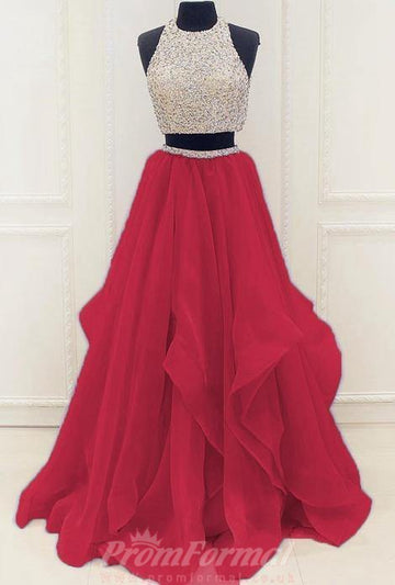 Princess Two Piece High Neck Lilac Prom Dress With Beading JTA9301