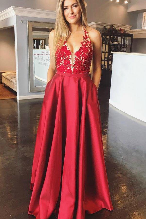 A Line Red Satin V Neck Appliques Prom Dress With Pocket JTA9341