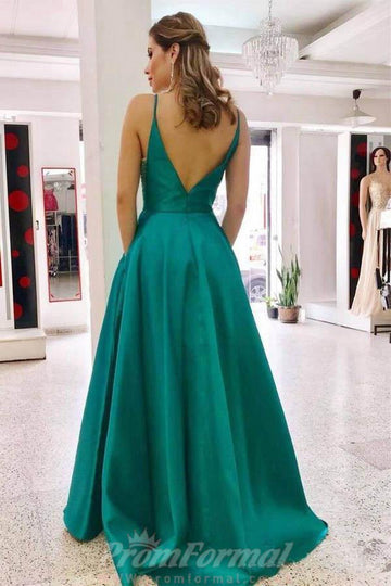 A Line V Neck Teal Satin Prom Dress with Pocket JTA9391