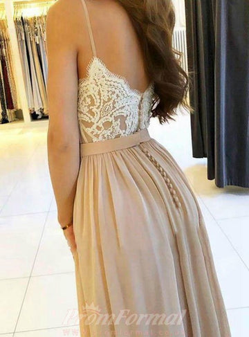 Champagne Spaghetti Straps Chiffon Prom Dress With Side Split JTA9411