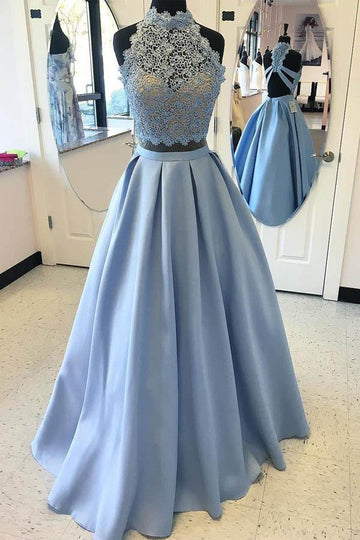 Two Piece Halter Light Blue Lace Prom Dress JTA9441