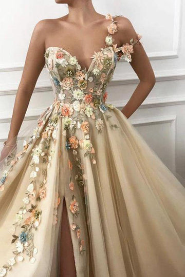 One Shoulder 3D Flower Formal Dress With Split JTA9471