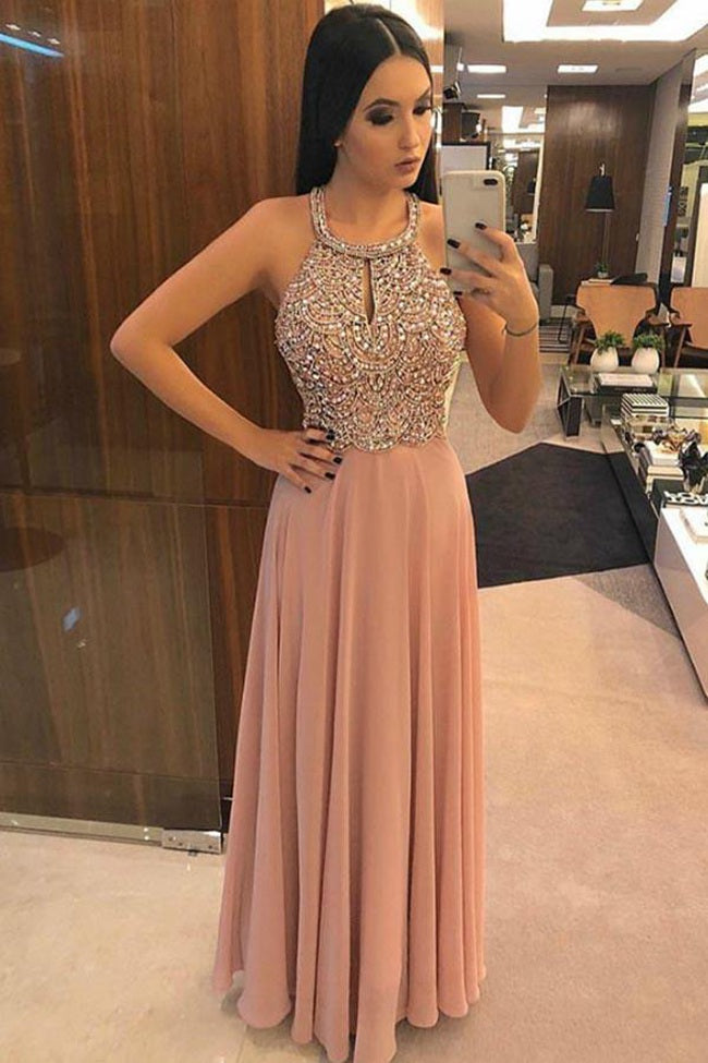 Pink Chiffon Halter Beading Prom Dress JTA9491