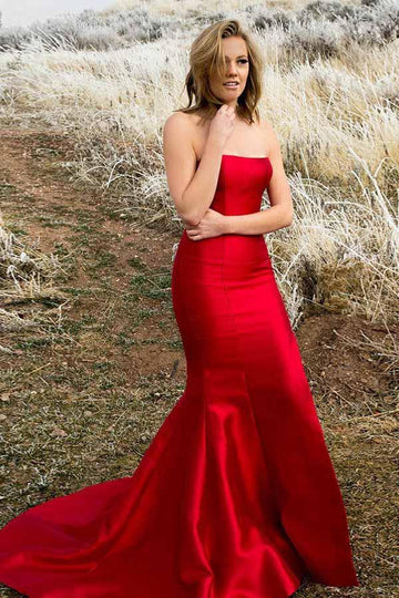 Mermaid Strapless Red Satin Split Pleats Prom Dress JTA9511
