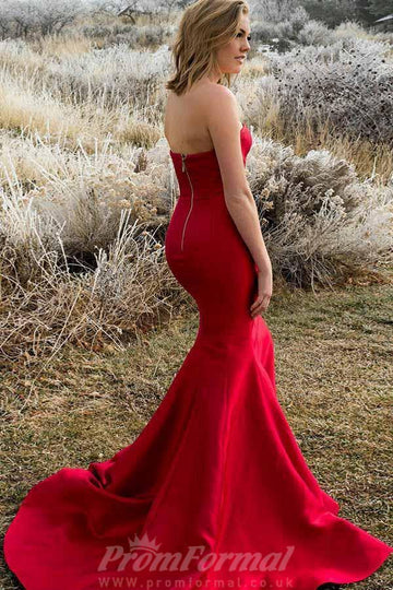 Mermaid Strapless Red Satin Split Pleats Prom Dress JTA9511
