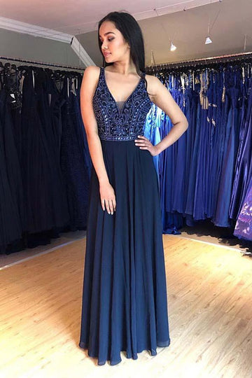 V Neck Navy Blue Prom Dress with Beading JTA9541