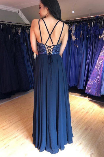 V Neck Navy Blue Prom Dress with Beading JTA9541