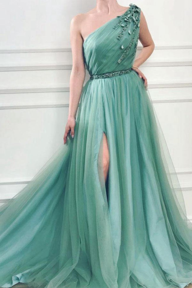 One Shoulder Dusty Green Tulle Split Prom Dress JTA9551