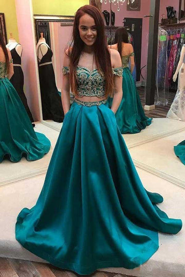 Two Piece Ink-Blue A Line Beaded Satin Lace Prom Dress JTA9601