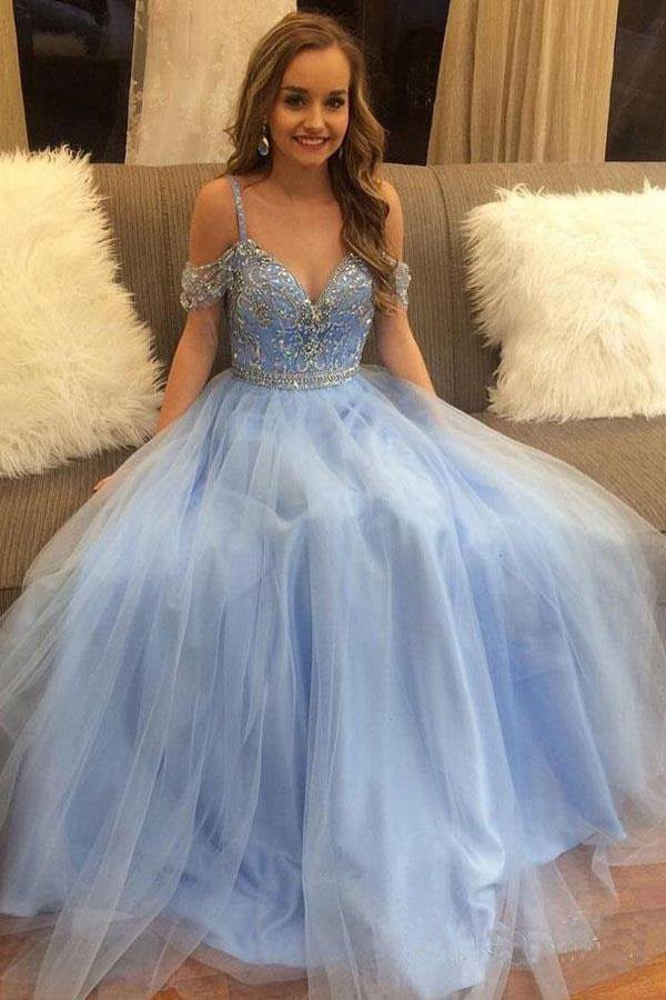 Off The Shoulder Sky Blue Beaded Tulle Prom Dress JTA9631