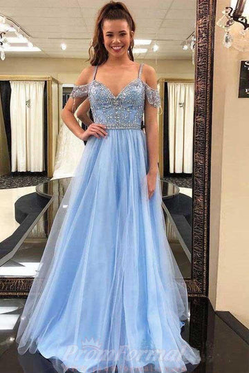 Off The Shoulder Sky Blue Beaded Tulle Prom Dress JTA9631