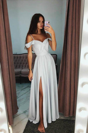 Off The Shoulder Grey Prom Dress With Side Split JTA9651