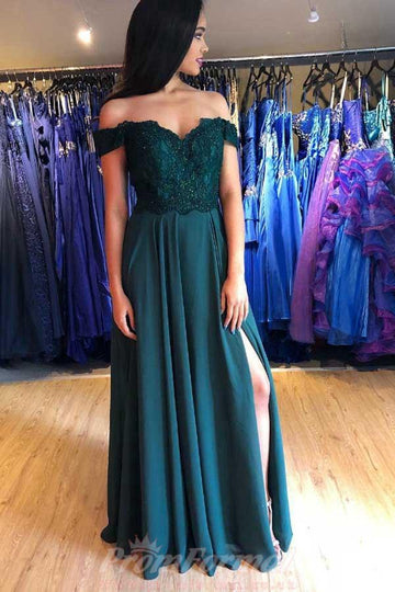 A Line Green Satin Off the Shoulder Prom Dress With Side Split JTA9661