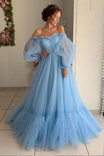 Sky Blue Tulle Off The Shoulder Long Sleeve Evening Dress JTA9711