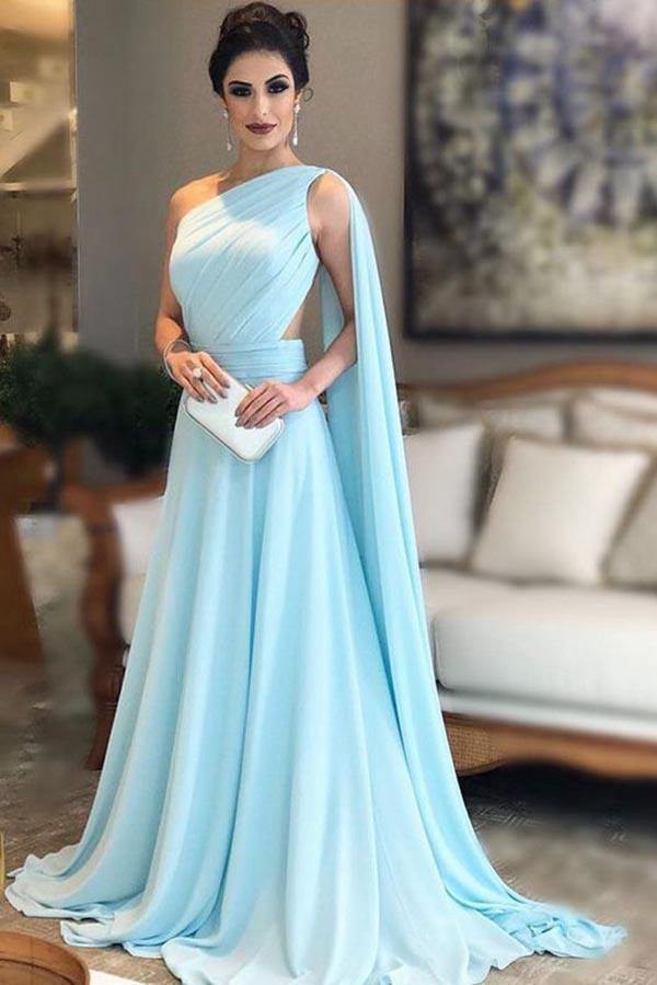Light Blue One Shoulder Chiffon Pleats Evening Dress JTA9771