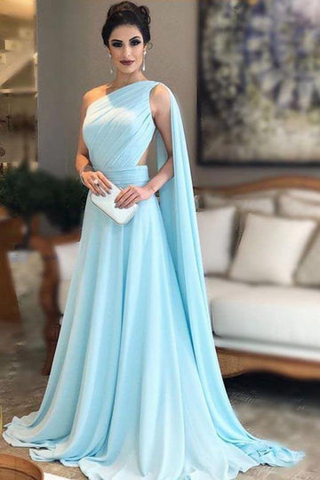 Light Blue One Shoulder Chiffon Pleats Evening Dress JTA9771