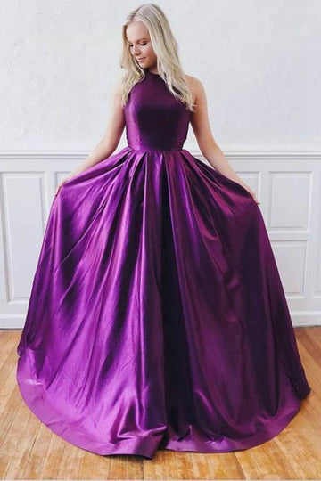 A Line Purple Satin Straps Prom Dress JTA9871