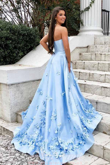 A Line Sweetheart Sky Blue 3D Floral Applique Prom Dress With Pocket JTA9881