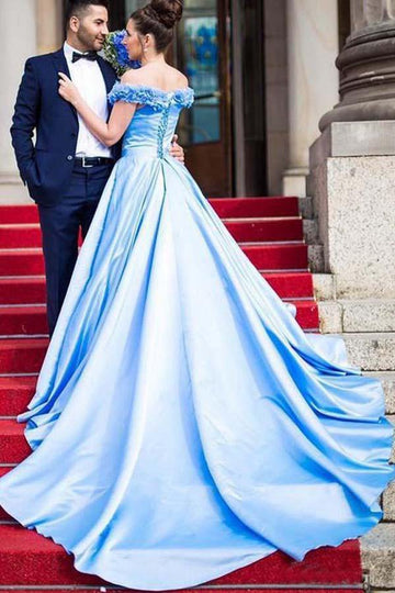 Sky Blue Off The Shoulder Satin Prom Dress JTA9911