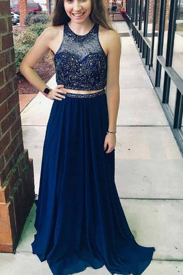 Navy Blue Two Piece Prom Formal Dress With Beading JTA9931