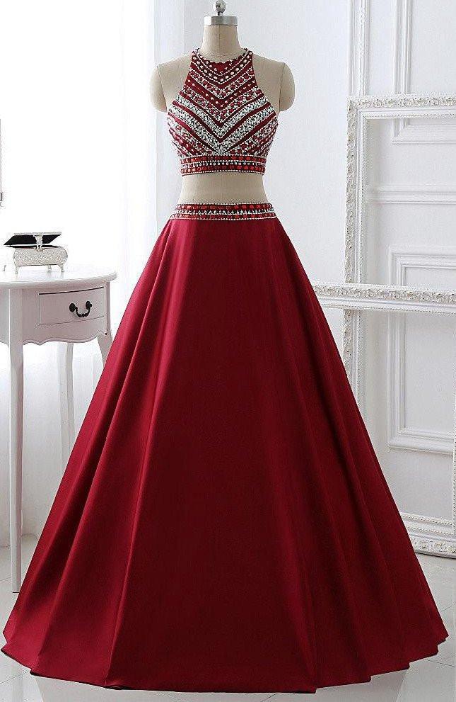 A Line Two Piece Burgundy Halter Beading Prom Dress JTB2201