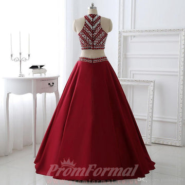 A Line Two Piece Burgundy Halter Beading Prom Dress JTB2201