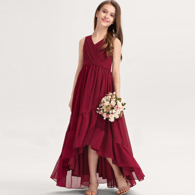 Burgundy Chiffon High low Junior Bridesmaid Dress Flower Girl Dress BDJFGD078