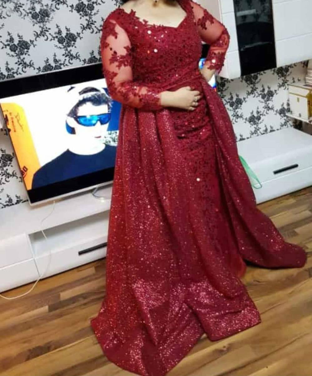MMBD011 Sequin Burgundy Long Sleeve Lace Plus Size Mother Of The Bride Dress