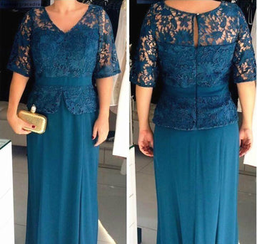 MMBD023 Half Sleeve V Neck Lace Beading Plus Size Mother Of The Bride Dress
