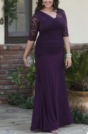 MMBD062 Half Sleeve Grape Long Plus Size Mother Of The Bride Dress