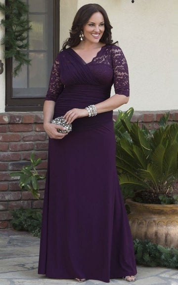 MMBD062 Half Sleeve Grape Long Plus Size Mother Of The Bride Dress