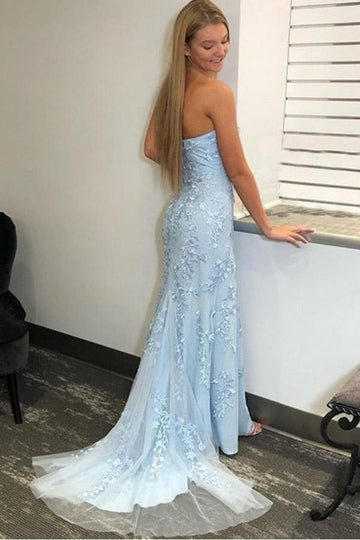 Mermaid Sky Blue Split Evening Formal Dress With Lace JTA0751