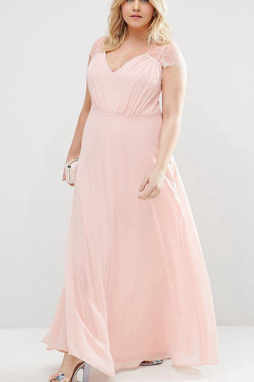 PPBD051 Pink Cap V Neck Plus Size Bridesmaid Dress