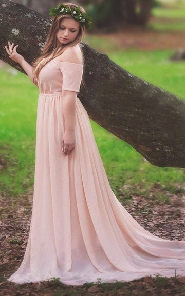 PPBD052 Pink Off The Shoulder BOHO Country Plus Size Bridesmaid Dress