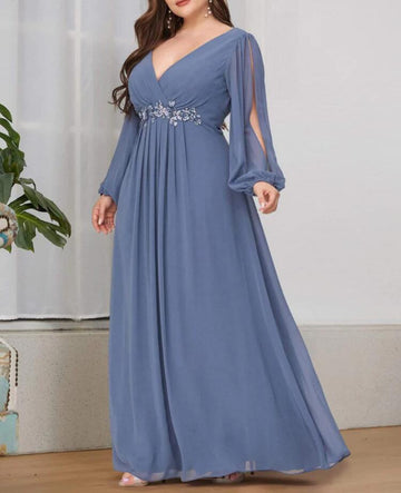 PPBD060 Dusty Blue V Neck BOHO Long Sleeve Plus Size Mother of The Groom Dress