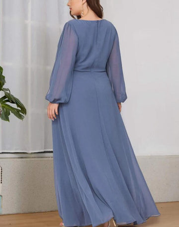 PPBD060 Dusty Blue V Neck BOHO Long Sleeve Plus Size Mother of The Groom Dress