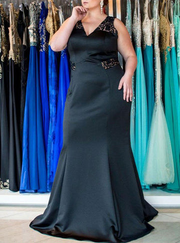 V-neck Satin Black Mermaid Plus Size Bridesmaid Dress PSD110