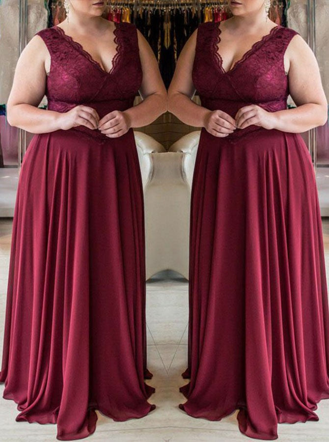 Burgundy V-neck Plus Size Bridesmaid Dress PSD113