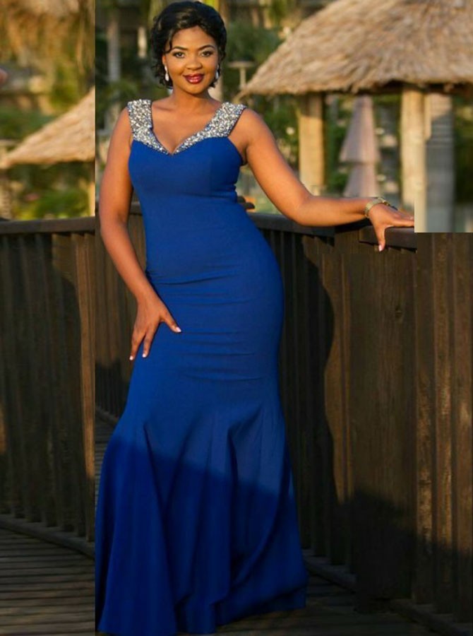 Royal Blue V-neck Mermaid Bridesmaid Dress with Beads PSD117