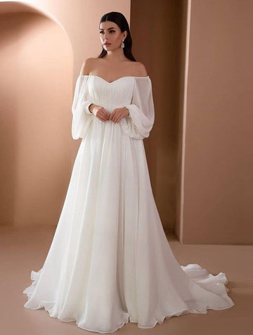 White Long Sleeve Off The Shoulder Evening Dress PXH019