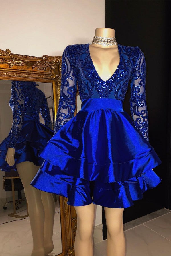 Royal Blue Long Sleeve V neck Short Prom Dress REAL001