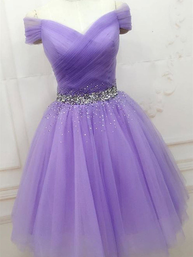 Lilac Off The Shoulder Short Purple Prom Dress REAL007