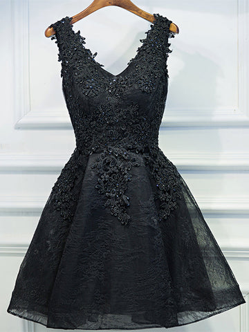 Black V Neck Short Lace Prom Dress REAL009